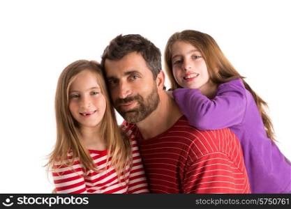 Happy family beard father and two kid daughters blue eyes on white background