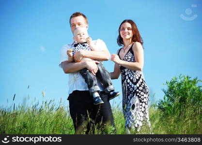 happy family blue sky on background