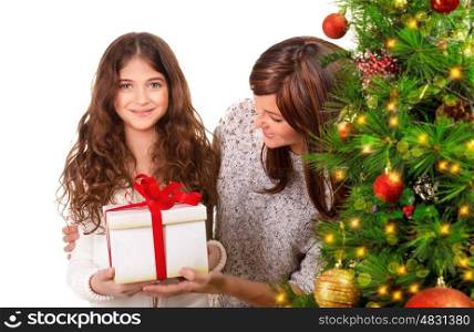 Happy family celebrate Christmas holidays at home, isolated on white background, Christmas tree, enjoying festive gifts, surprise concept