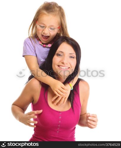 Happy family, cute little girl child playing with mom together doing fun. Daughter and her mother isolated on white