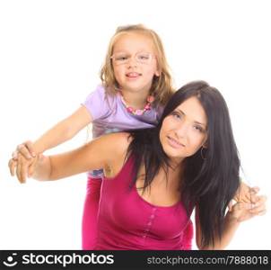 Happy family, cute little girl child playing with mom together doing fun. Daughter and her mother isolated on white