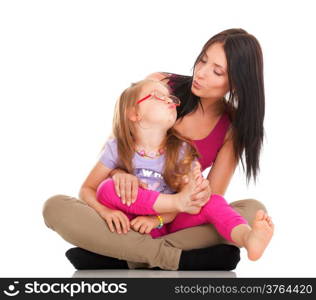 happy family, cute three year old litle baby laughing toddler girl playing with mom doing a fun