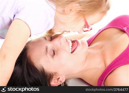 happy family, cute three year old litle baby laughing toddler girl playing with mom doing a fun