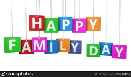 Happy family day sign and letters on colorful paper tags isolated on white background.