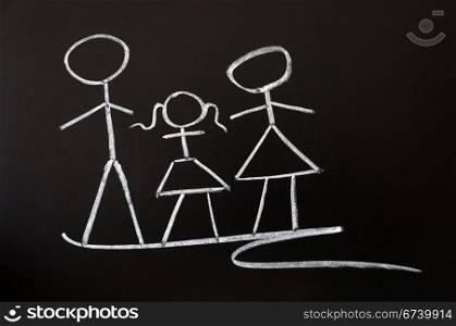 Happy family drawn in chalk on a blackboard
