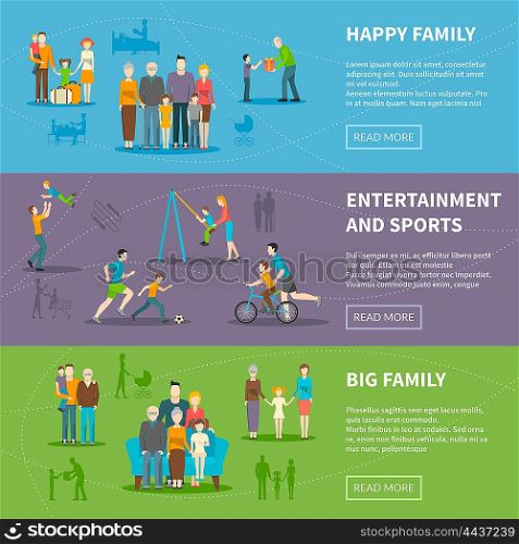 Happy Family Flat Banners. Color flat horizontal banners about big happy family and their activities sports entertainment vector illustration