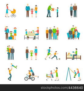 Happy Family Flat Icons. Set of icons with white background depicting moments of happy family life vector illustration