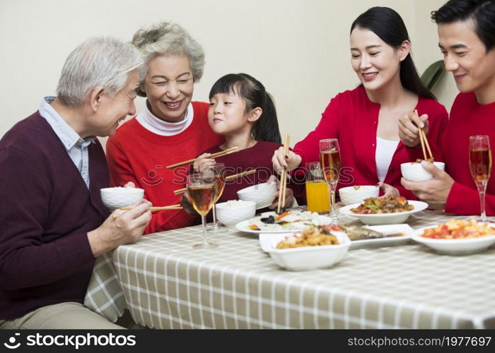 Happy family having New Year's reunion dinner