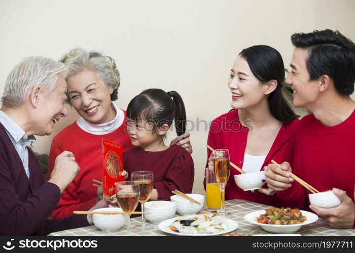 Happy family having New Year's reunion dinner