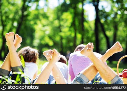 Happy family having weekend in summer park. Picnic in garden