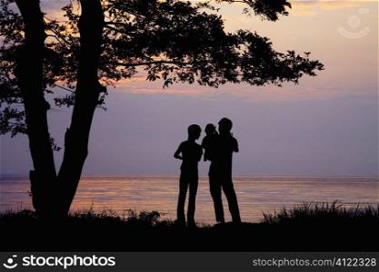 Happy family in sunset
