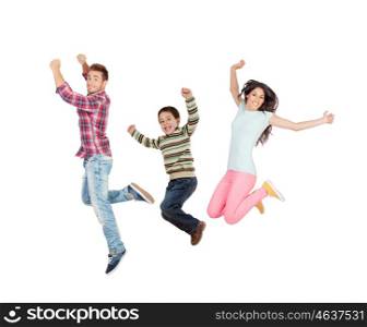 Happy family jumping isolated on white background