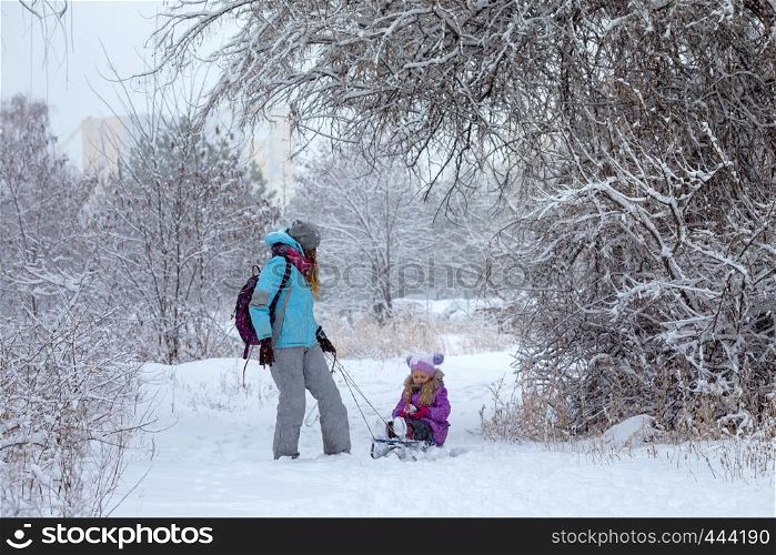 happy family - mother and daughter on a winter walk