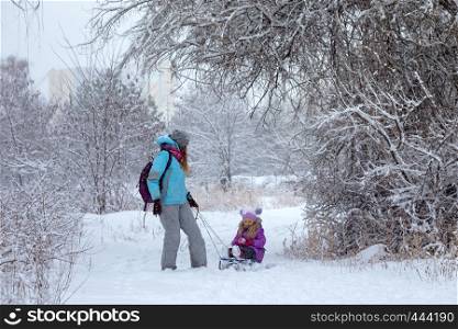 happy family - mother and daughter on a winter walk