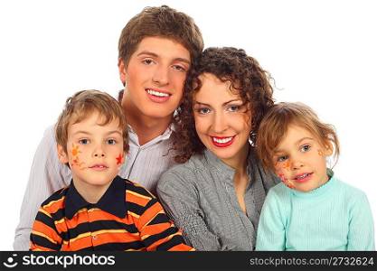 happy family of four with paintings on childish faces