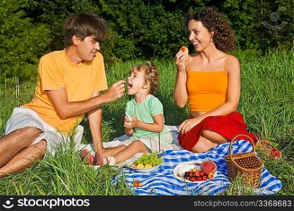 happy family of three on picnic in garden
