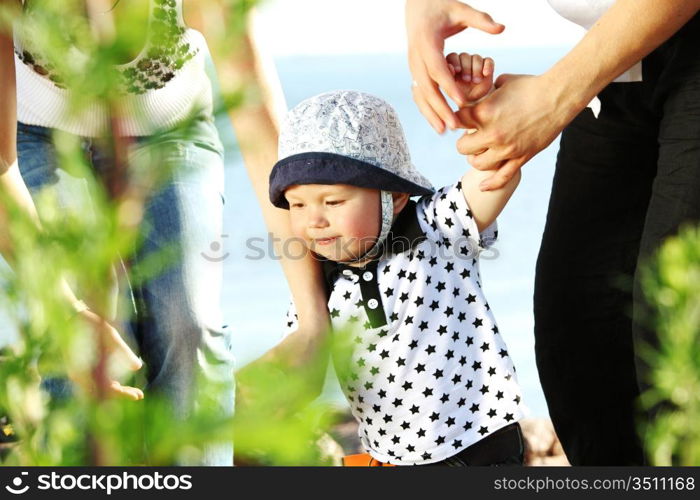 happy family on blue sky background