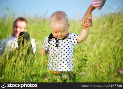 happy family on picnic in green grass