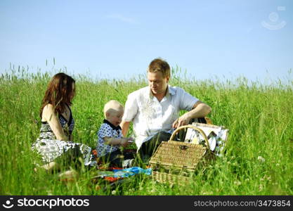 happy family on picnic in green grass