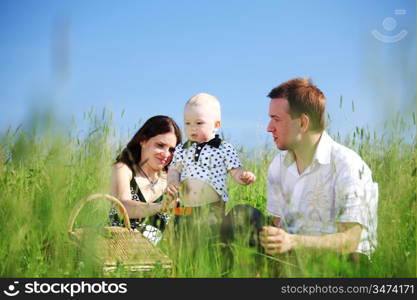 happy family on picnic in green grass