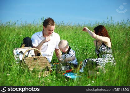 happy family on picnic in green grass