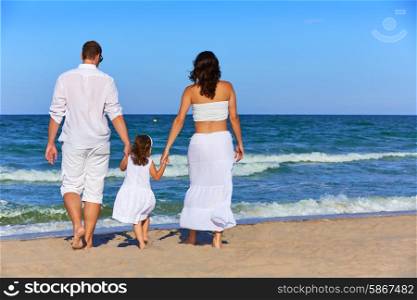 Happy family on the beach sand walking rear back view in summer