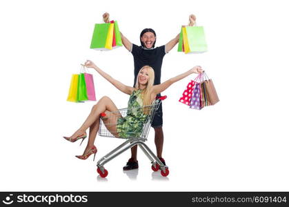 Happy family pair of wife and husband after shopping