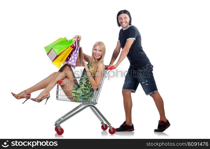 Happy family pair of wife and husband after shopping