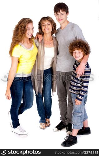 Happy family posing on white background..