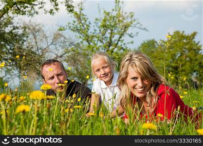 Happy family sitting in a meadow full of dandelions in spring (selective focus on girl)