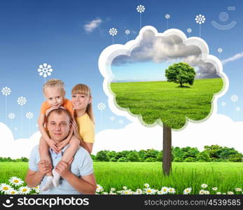 happy family spends time together on nature . Collage.