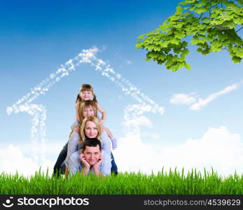 happy family spends time together on nature . Collage.