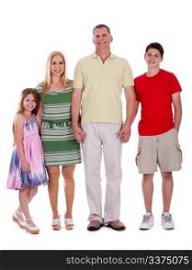 happy family standing by holding their hands and looking at you over isoalted white background