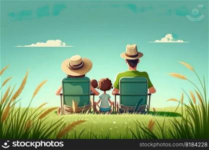 Happy family time , Rear view young family with children together at outdoor park , Sitting in the middle of a beautiful green field , Generate Ai