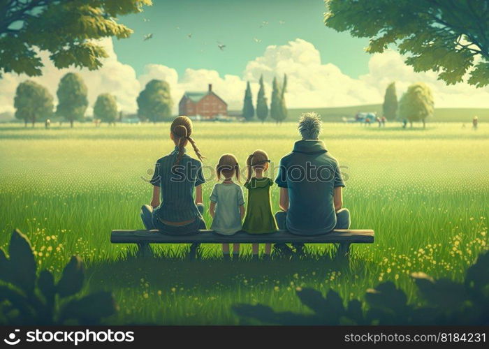 Happy family time , Rear view young family with children together at outdoor park , Sitting in the middle of a beautiful green field , Generate Ai