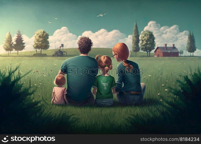 Happy family time , Rear view young family with children together at outdoor park , Sitting in the middle of a beautiful green field , Generate Ai