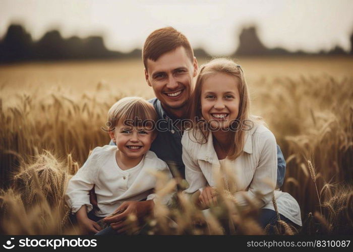 Happy family time , Rear view young family with children together at outdoor park , Sitting in the middle of a beautiful green field , Generate Ai