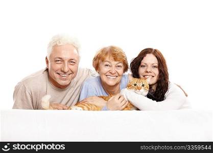 Happy family together with a cat on a white background