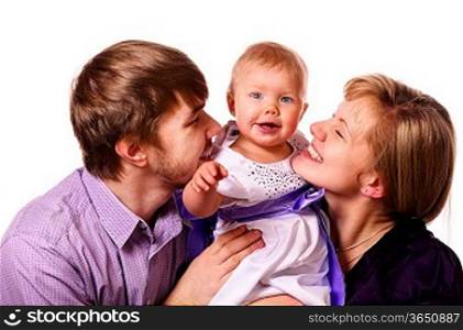 happy family with baby on white background