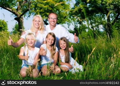 Happy family with daughter girls sitting in a meadow in summer