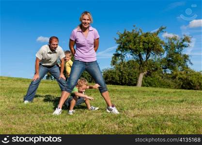 Happy family with two little boys playing in the grass on a summer meadow