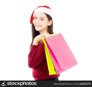 Happy fashion asian woman with smile holding shopping paper bag, Sale and christmas with holiday, girl with buyer enjoy and excited isolated on white background, season holiday concept.
