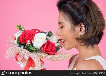 Happy Fashion women and Bouquet of flowers