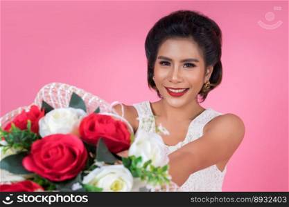 Happy Fashion women and Bouquet of flowers