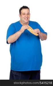 Happy fat man with a large bread isolated on white background
