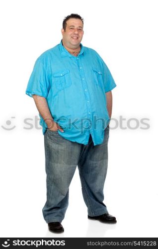 Happy fat man with blue shirt isolated on white background