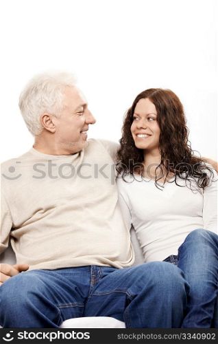 Happy father and the daughter on a white background