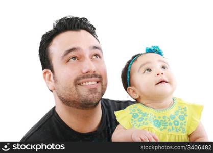 Happy father with his little baby girl looking up