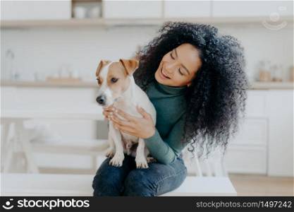 Happy female owner of jack russell terrier dog, feels responsibility of caring about pet, has bushy dark curly hair, sits against blurred kitchen background. People and relationship with animals