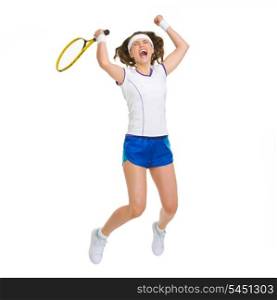 Happy female tennis player jumping